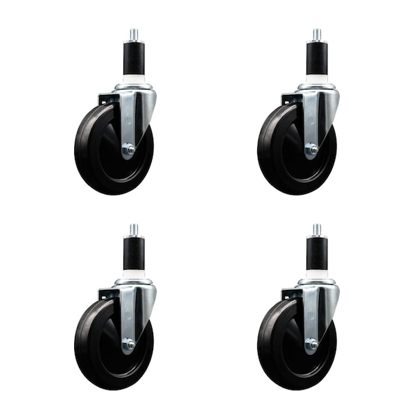 5'' SS Soft Rubber Wheel Swivel 1-3/8'' Expanding Stem Caster Set, 4PK